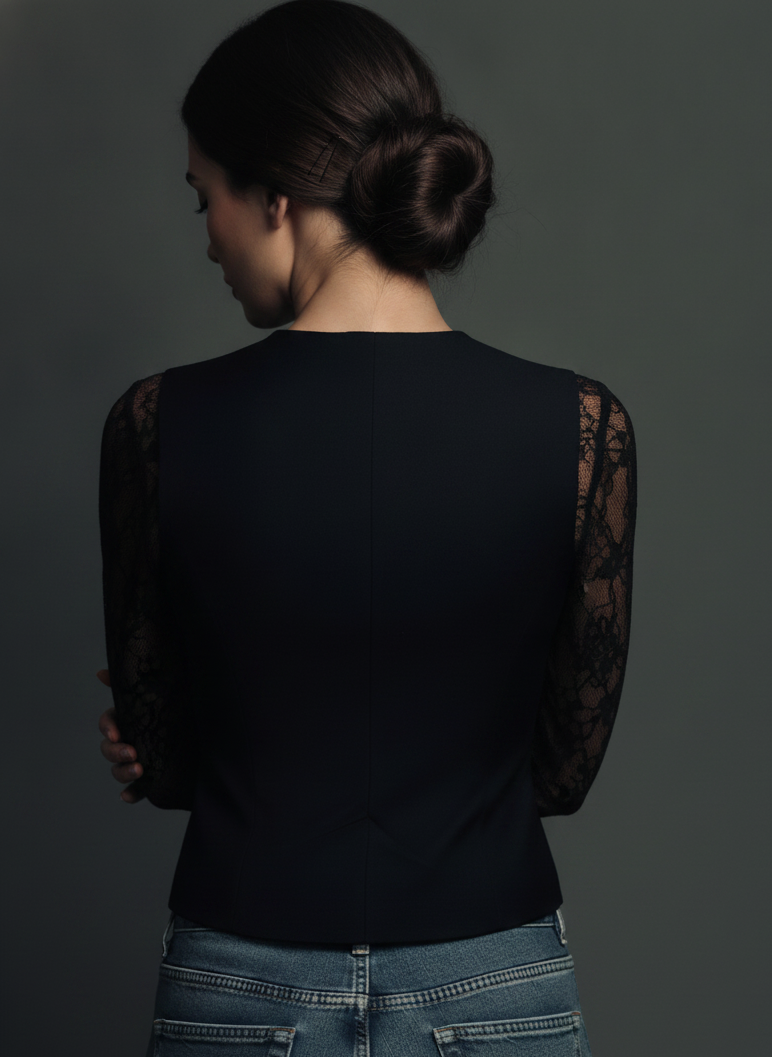Elegant Black Lace Panel Sleeve Blazer Top Vest