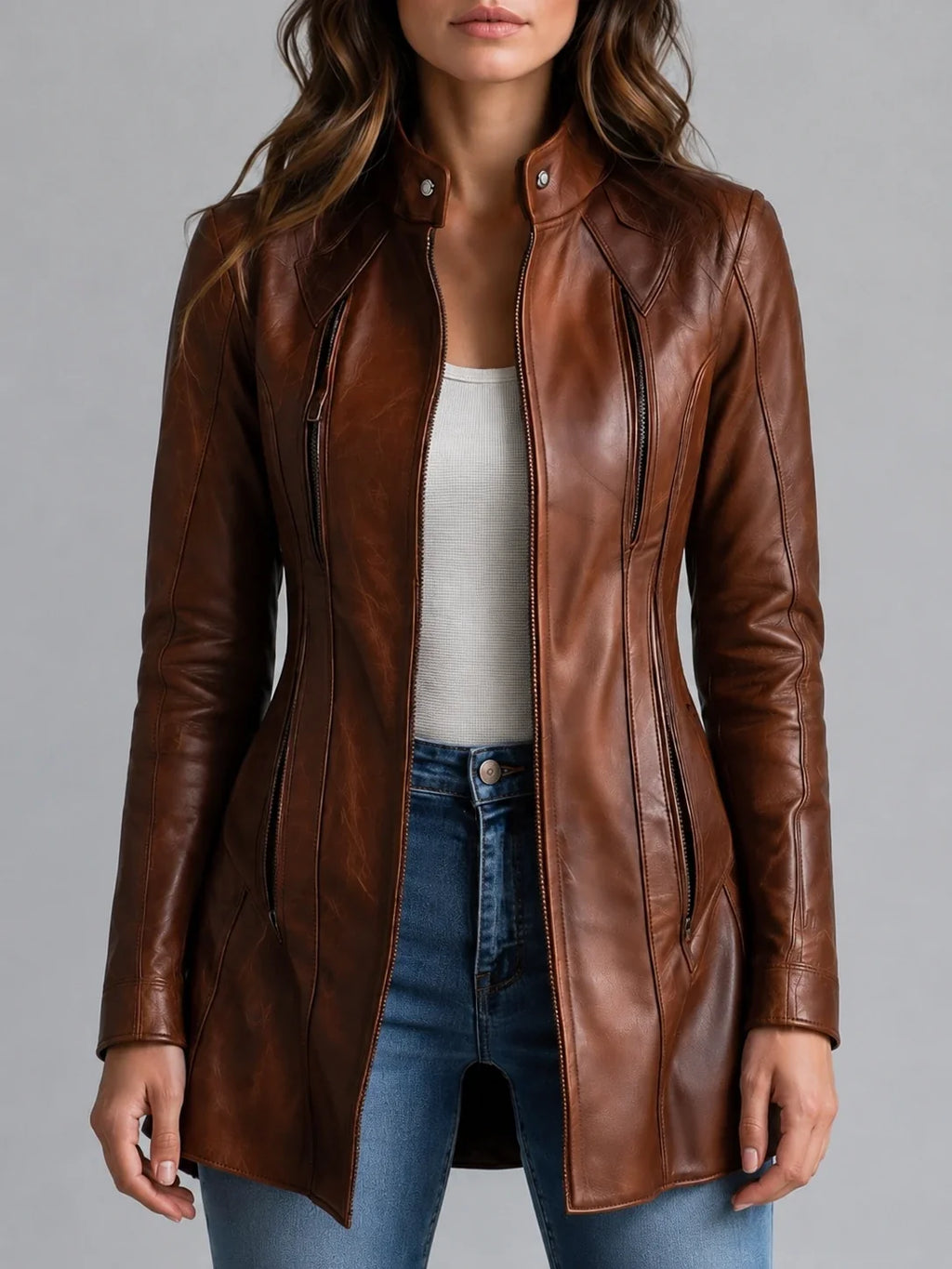 Women's Stand Collar Vintage Faux Leather Jacket
