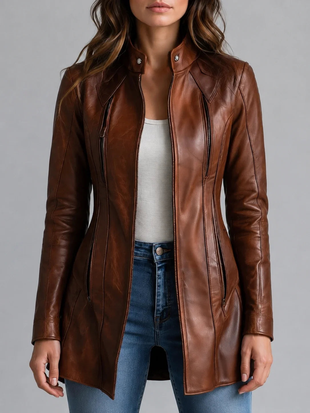 Women's Stand Collar Vintage Faux Leather Jacket