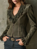Vintage Olive Green Ruffled Suede Jacket With Baroque Embroidered