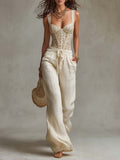 Bohemian Lace bodycon vest & Cotton Wide-Leg Pants Two-Piece Set
