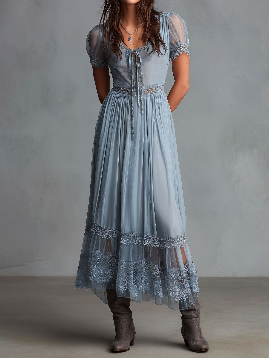 Grace Dusty Blue Lace-Trimmed Chiffon Midi Dress