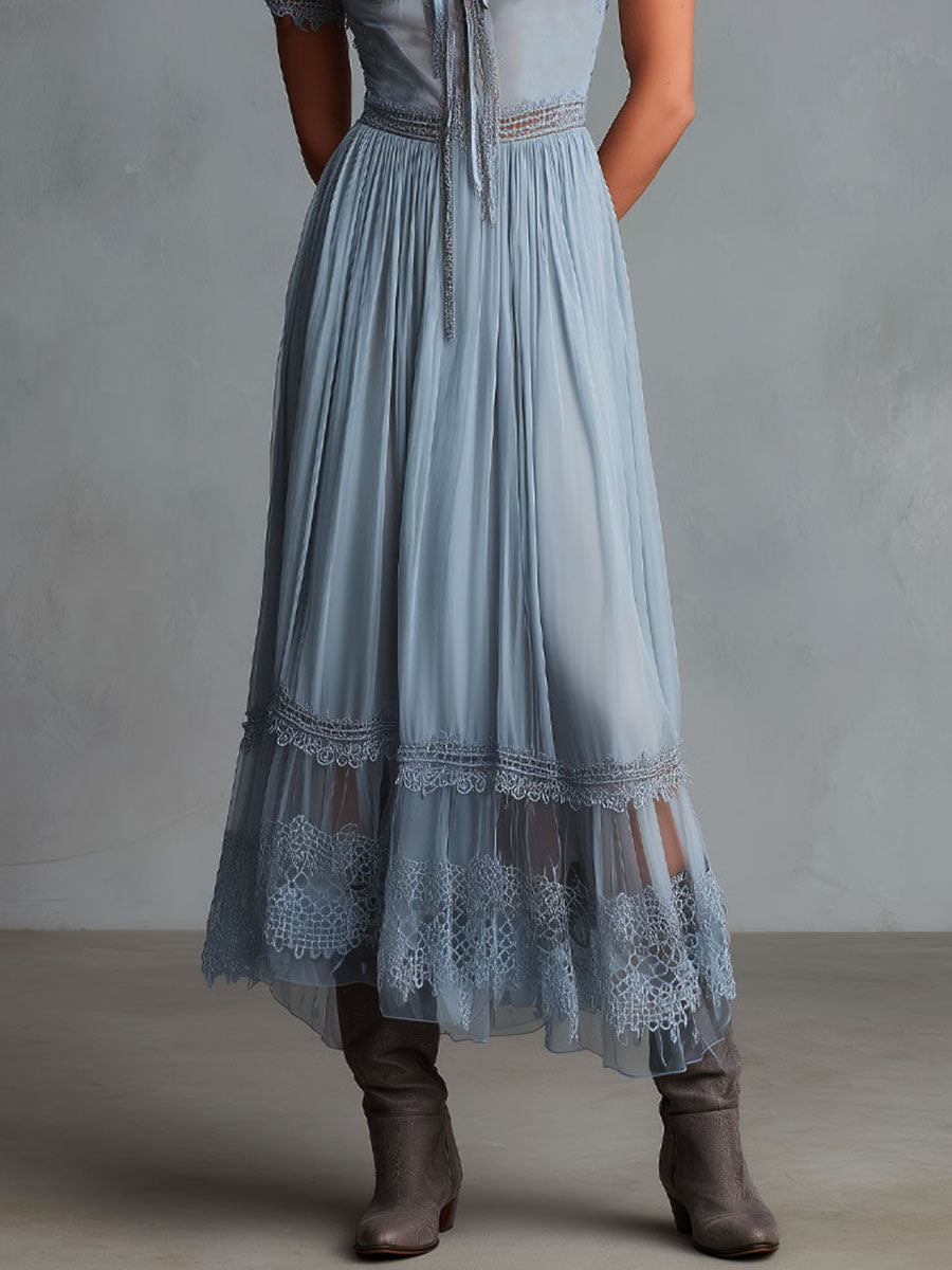 Grace Dusty Blue Lace-Trimmed Chiffon Midi Dress