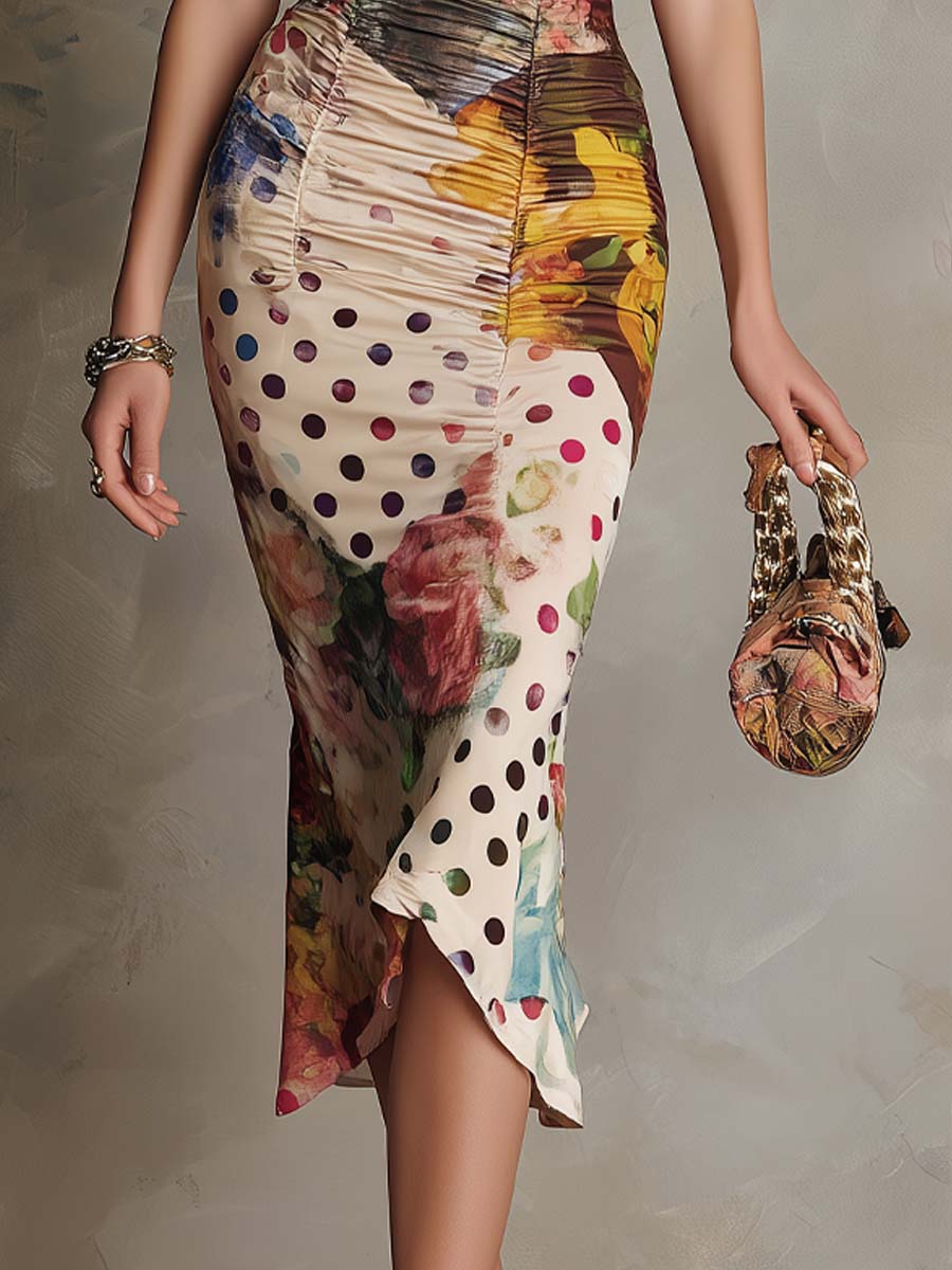 Retro Polka Dot And Painterly Floral Polyester Satin Midi Dress