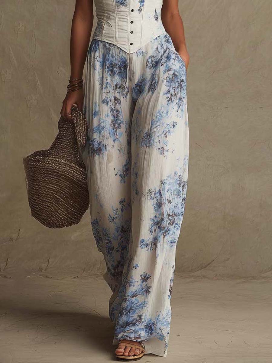 Bohemian Lace Trim Corset Top And Faux Linen Floral Wide-Leg Pants Set