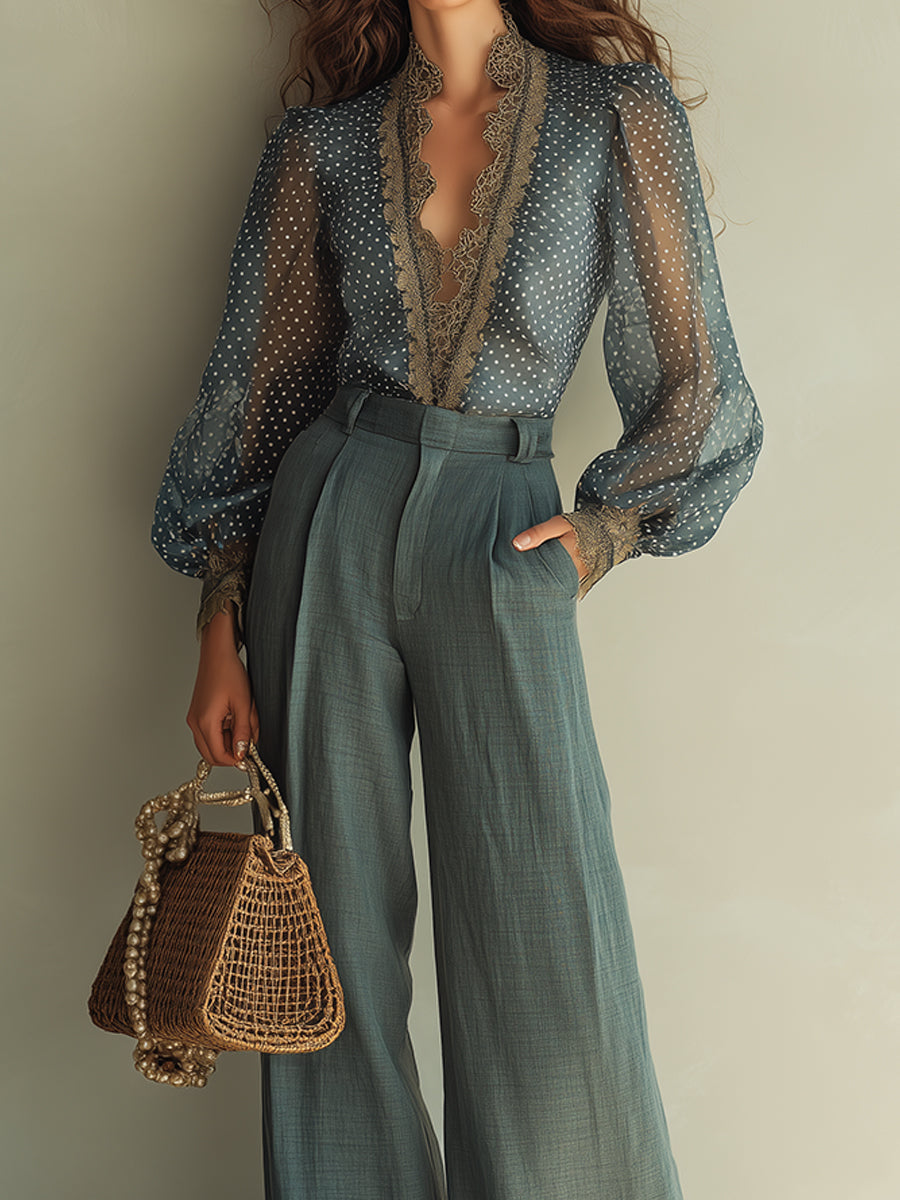Retro Polka-Dot Blouse With Lace Trim & Cotton-Linen Pants Set