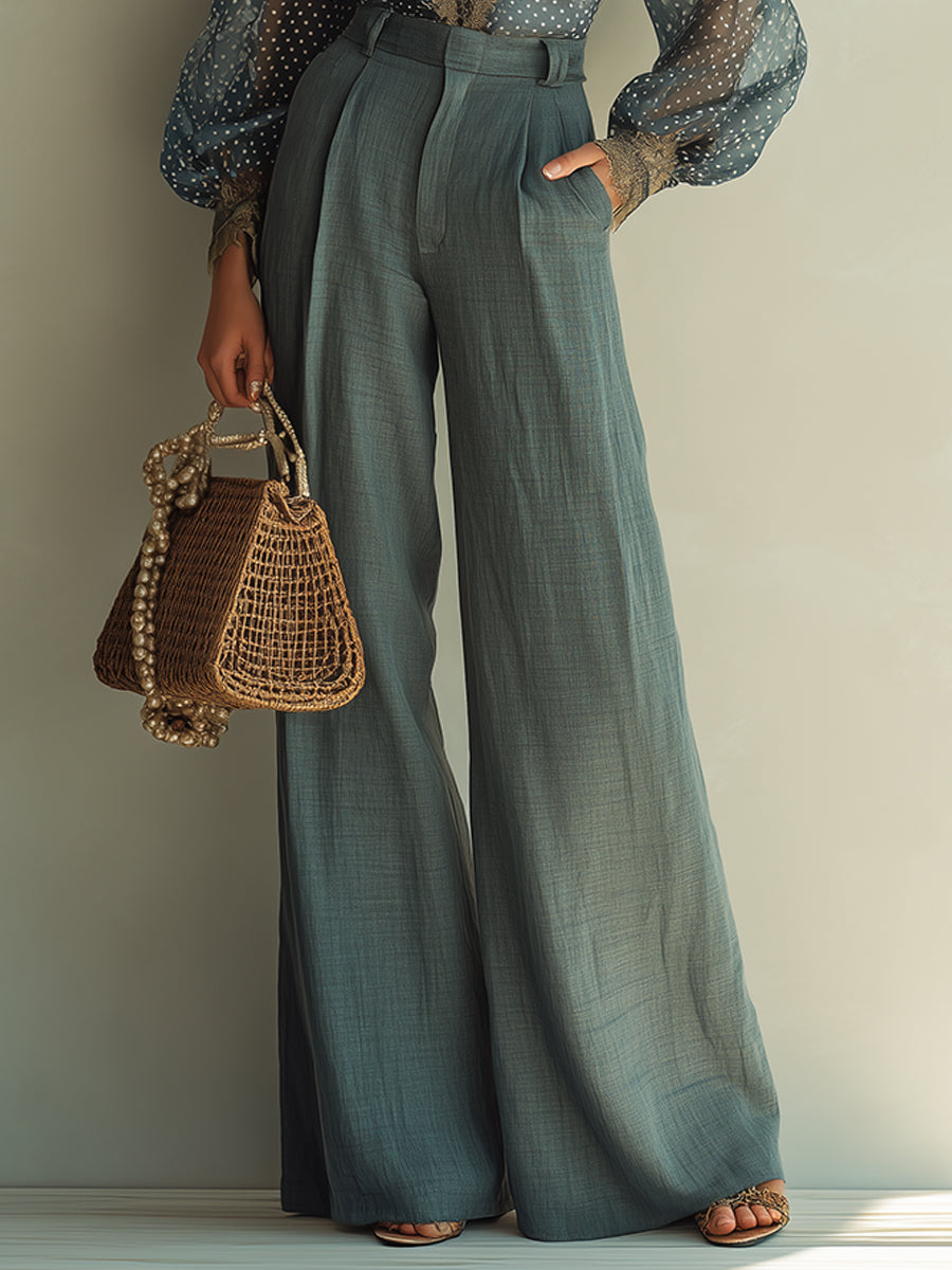 Retro Polka-Dot Blouse With Lace Trim & Cotton-Linen Pants Set