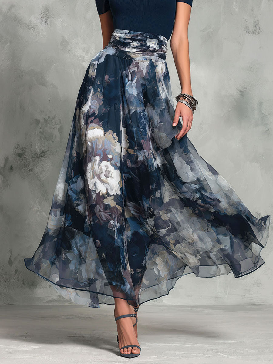 Boho Elegance Navy Top And Floral Chiffon Maxi Skirt Set