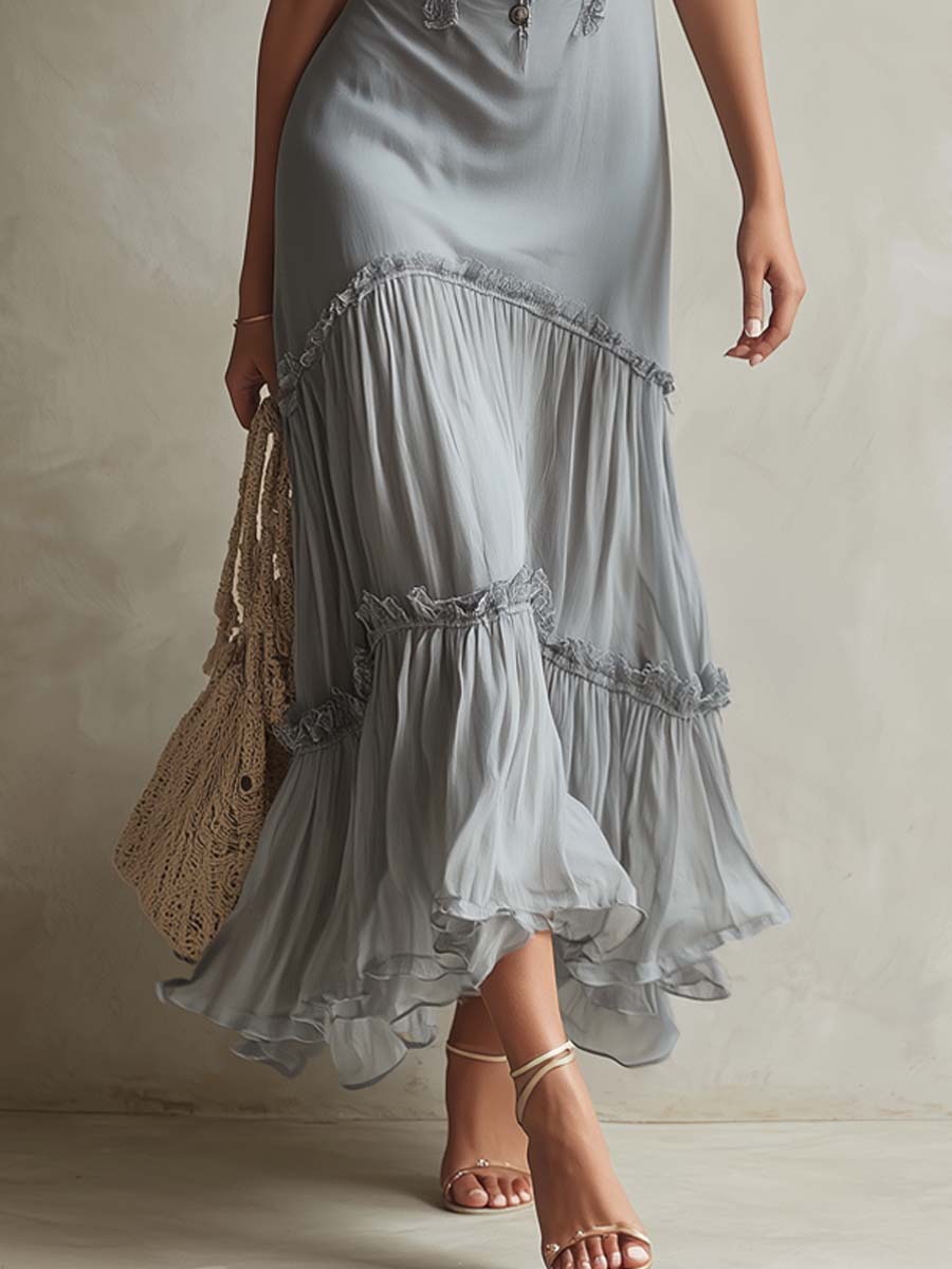 Bohemian Romantic Lace Trim Corset Chiffon Midi Dress
