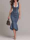 Shirt-Collar Striped-Panel Vest & Fishtail Skirt Set