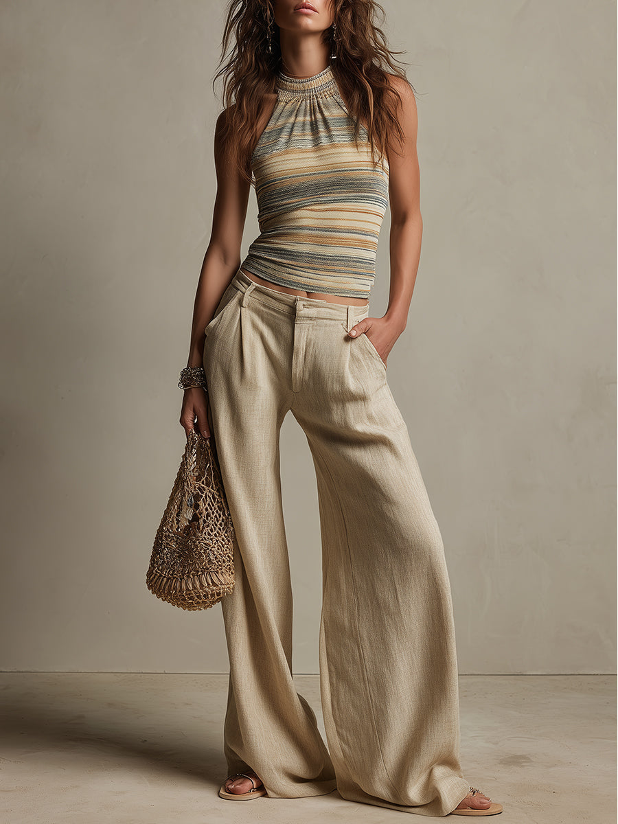 Retro Striped Knit Vest & Wide-Leg Pants Set