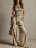 Retro Striped Knit Vest & Wide-Leg Pants Set