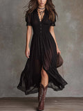 Retro Lace-Trimmed Shirt Chiffon Midi Dress