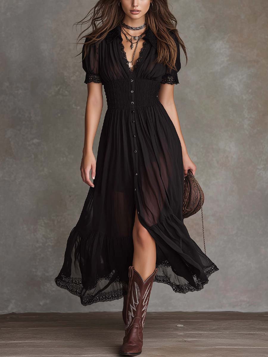 Retro Lace-Trimmed Shirt Chiffon Midi Dress