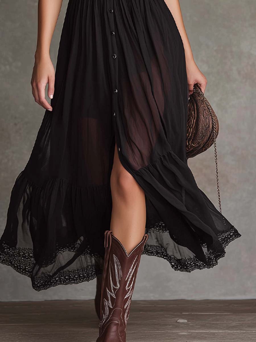 Retro Lace-Trimmed Shirt Chiffon Midi Dress