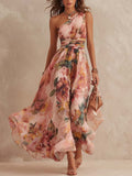Retro One-Shoulder Oil-Painting Style Floral Chiffon Midi Dress