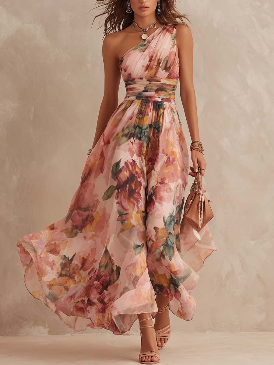Retro One-Shoulder Oil-Painting Style Floral Chiffon Midi Dress