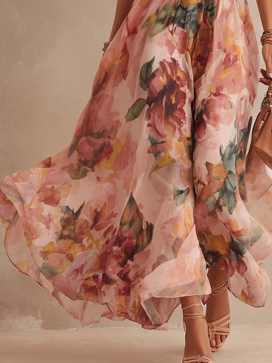 Retro One-Shoulder Oil-Painting Style Floral Chiffon Midi Dress