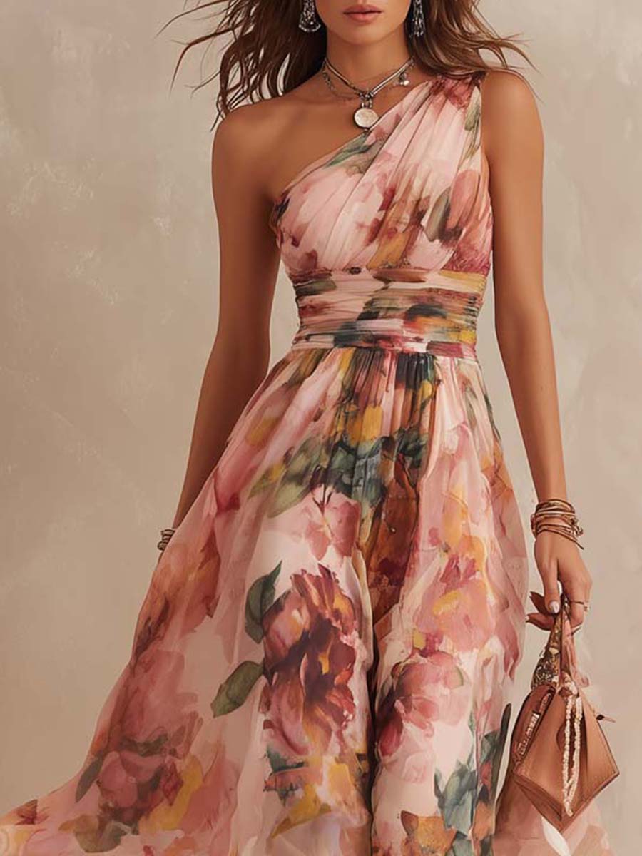 Retro One-Shoulder Oil-Painting Style Floral Chiffon Midi Dress