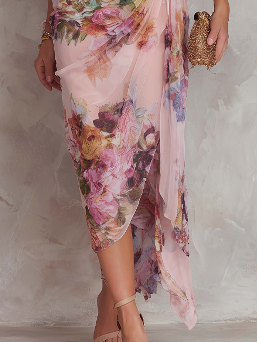 Vintage-Elegant One-Shoulder Floral Chiffon Midi Dress
