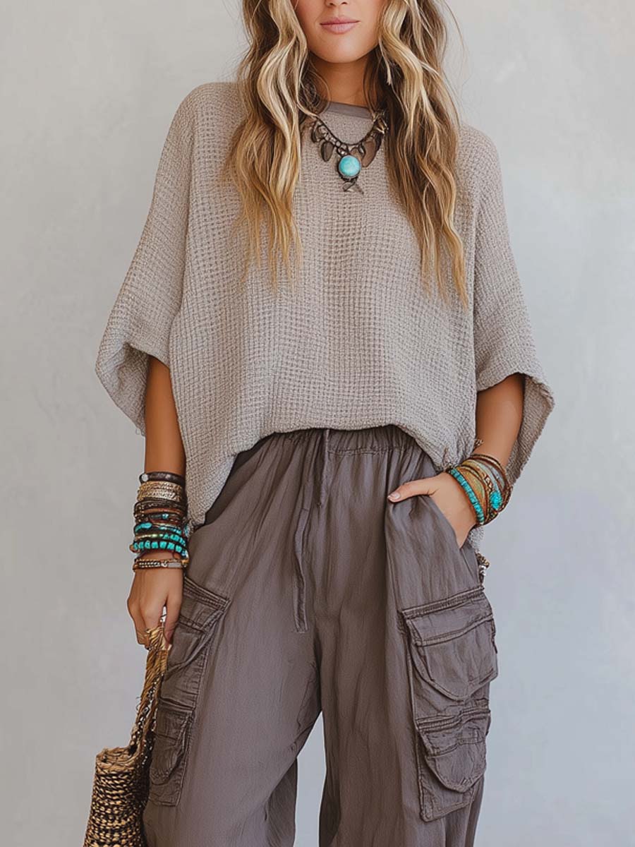 Retro Knit Top And Cuffed Pants Set