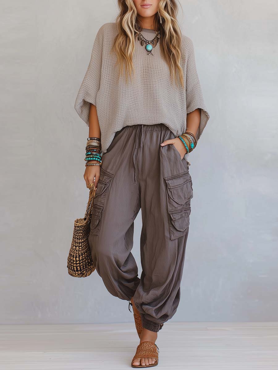 Retro Knit Top And Cuffed Pants Set