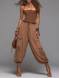 Boho-chic Shirred Top & Lace-Paneled Cargo Pants Set
