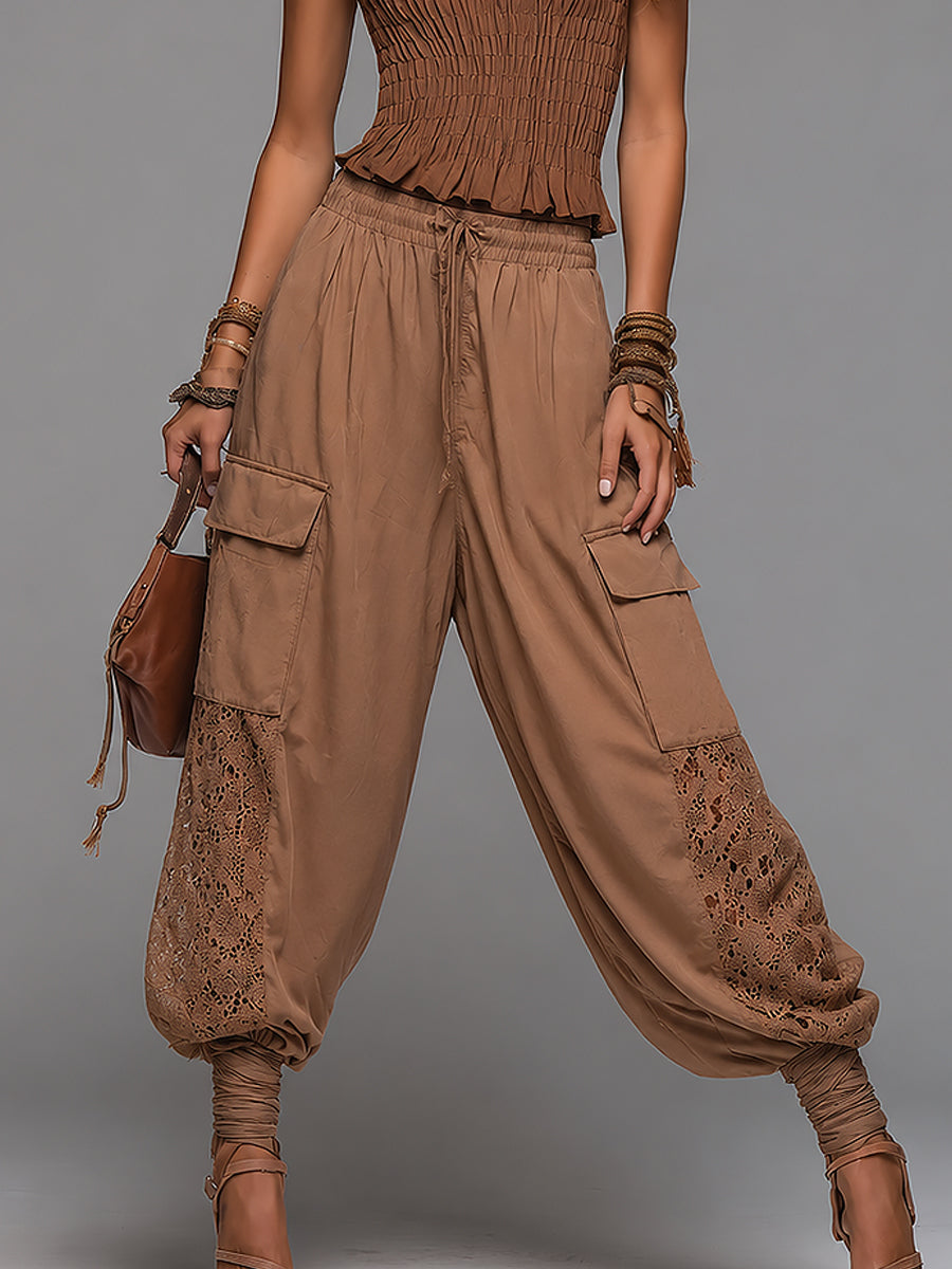 Boho-chic Shirred Top & Lace-Paneled Cargo Pants Set