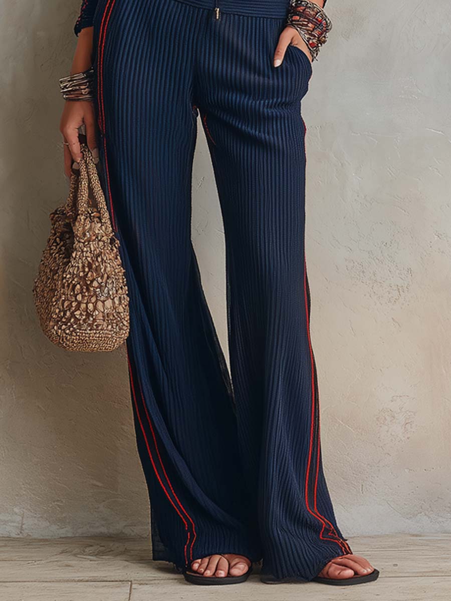 Retro Contrast Piping Ribbed Knit Two-piece Set