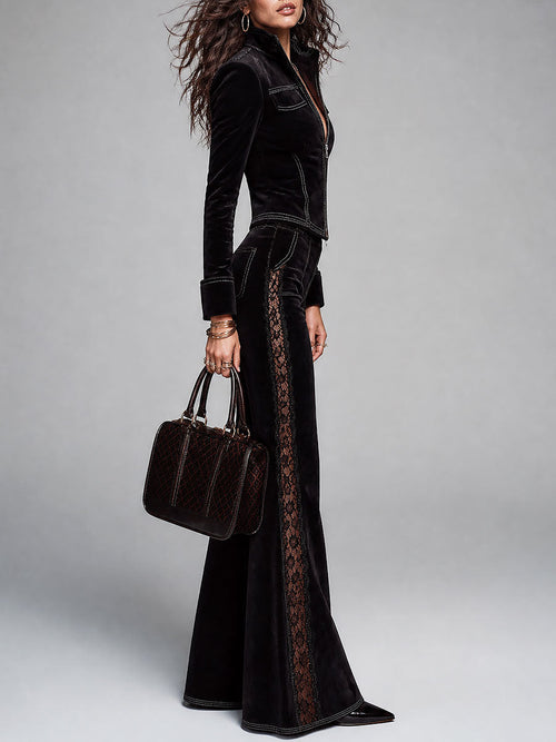 Boho Suede Zip-Up Jacket & Lace-Trim Flare Pants Set