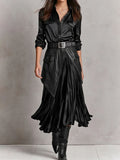 Quiet Luxury Black Satin Shirt Faux Leather Panel Pleated Midi Skirt Set