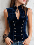 Vintage Stand Collar Button Velvet Vest