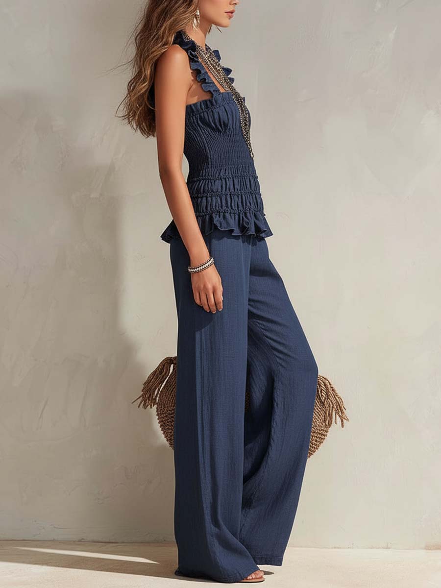 Bohemian Ruffle Smocked Tencel Camisole & Wide-Leg Pants Set