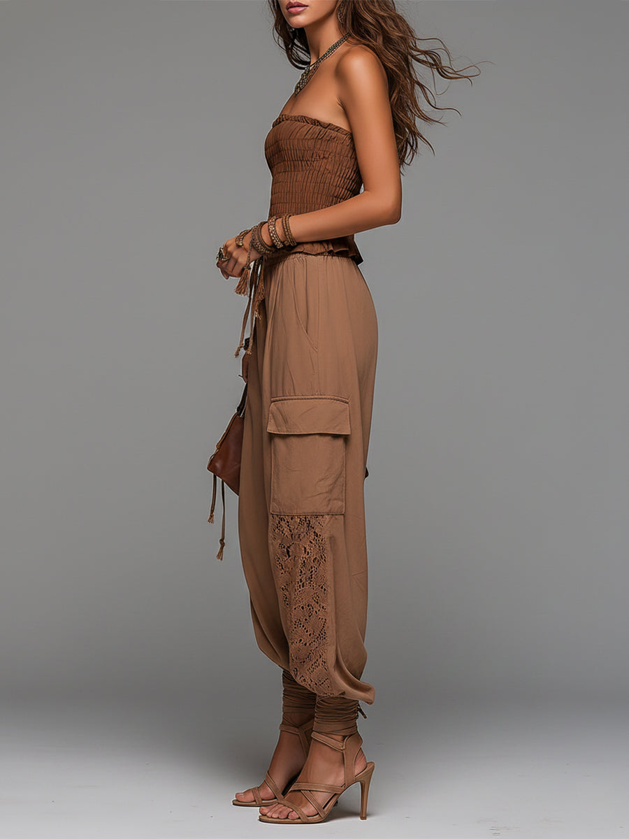 Boho-chic Shirred Top & Lace-Paneled Cargo Pants Set