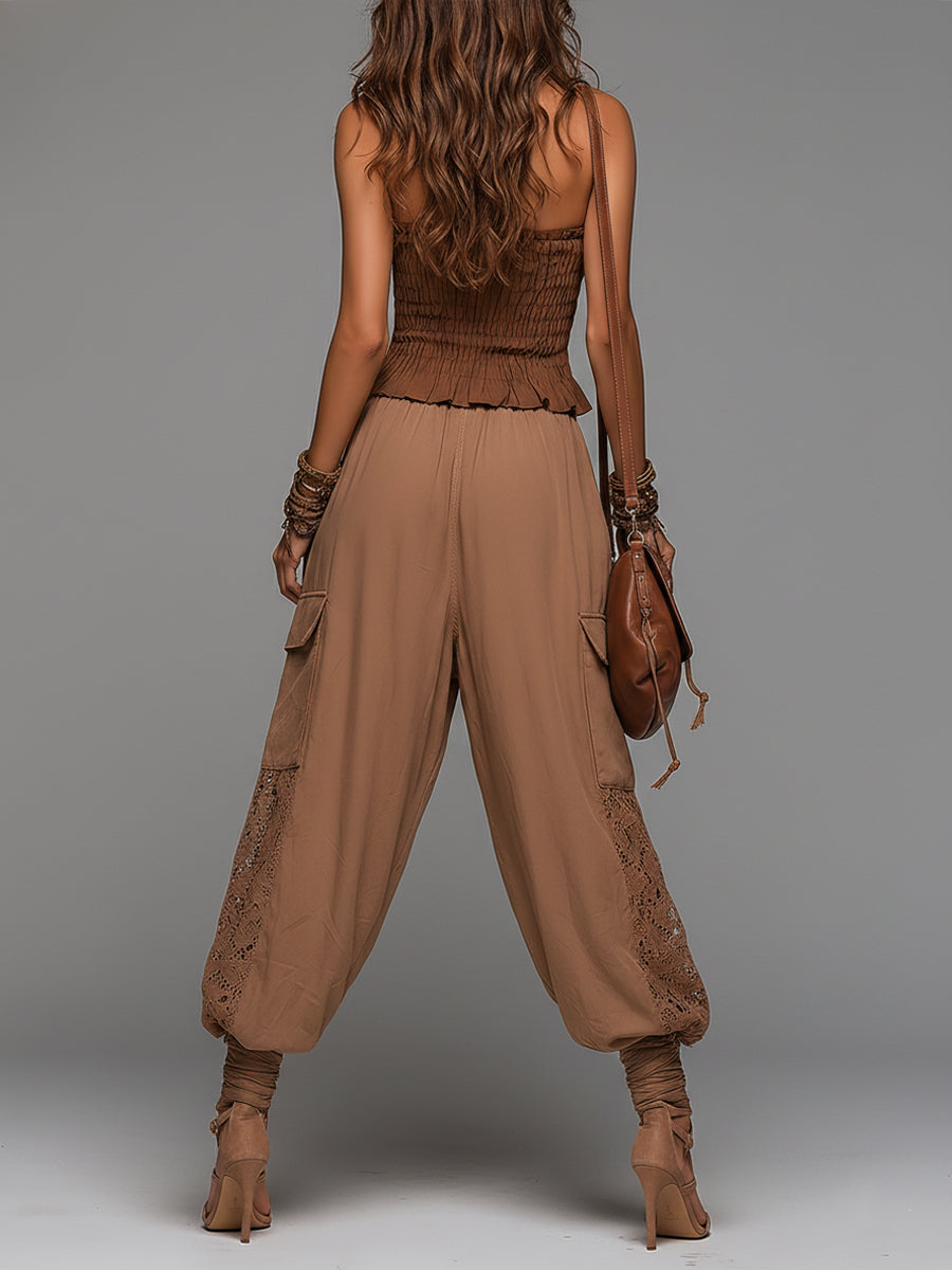 Boho-chic Shirred Top & Lace-Paneled Cargo Pants Set