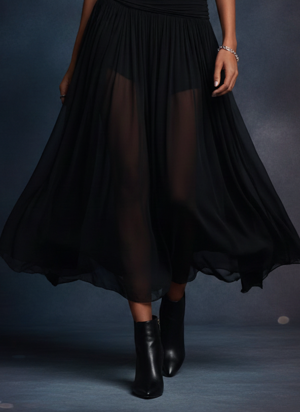 Boho Western Black  Stretchy Maxi  Dress With Sheer Skirt
