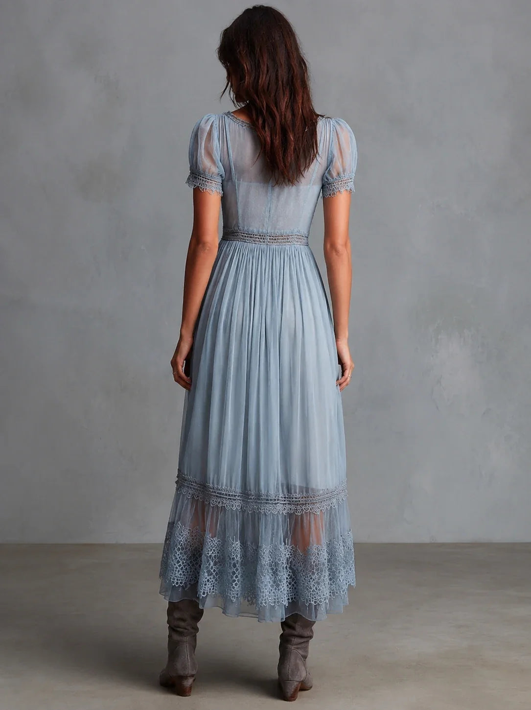 Grace Dusty Blue Lace-Trimmed Chiffon Midi Dress