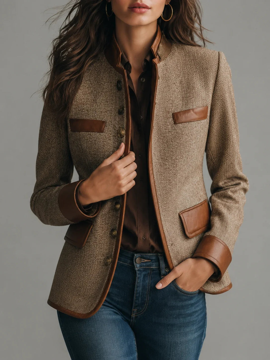 Vintage Eco-Leather Trim Pocket Tweed Jacket