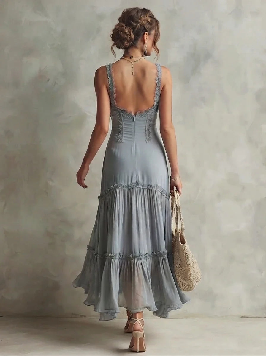 Bohemian Romantic Lace Trim Corset Chiffon Midi Dress