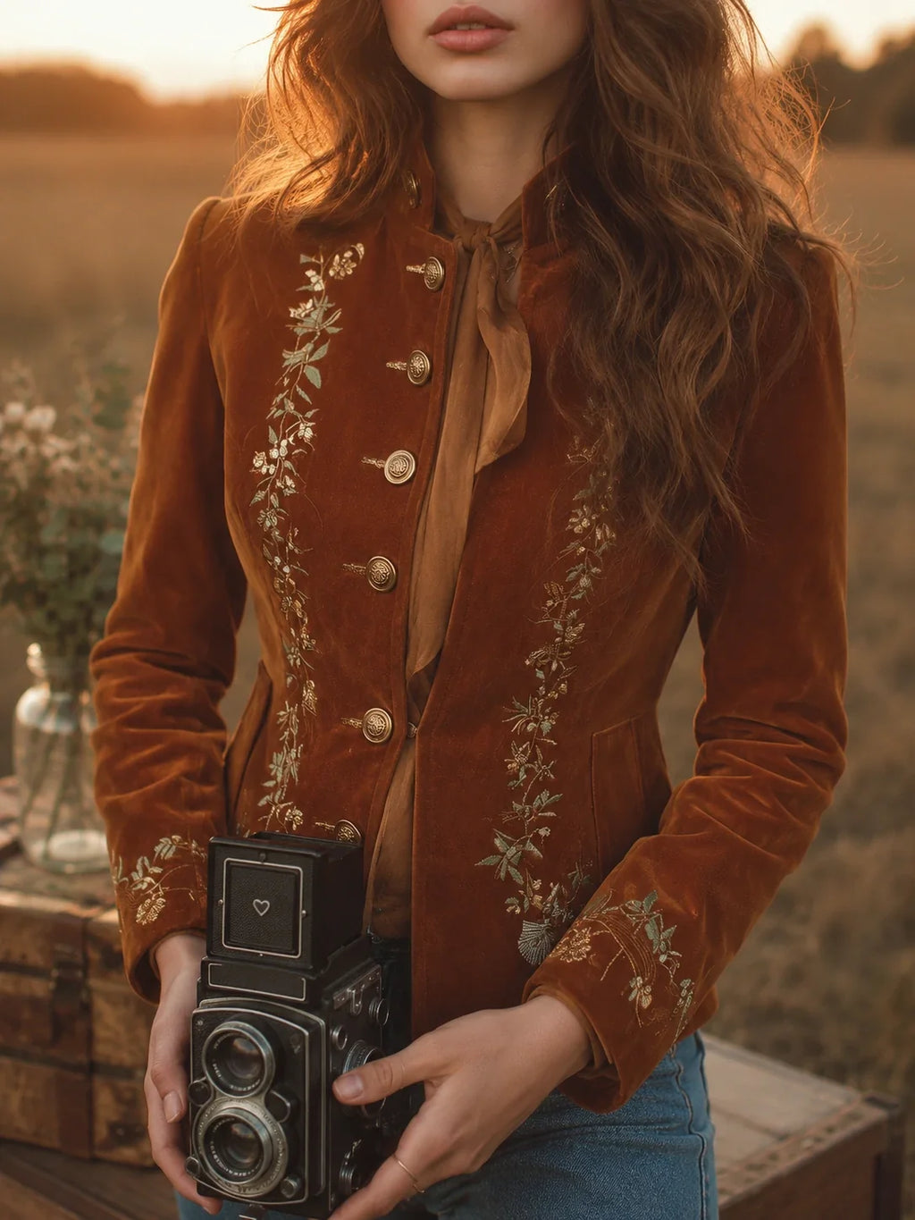 Vintage Microsuede Floral Embroidery Distressed Button Slim-Fit Jacket