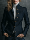 Vintage High Collar Classic Curve Cut Denim Brass Button Jacket