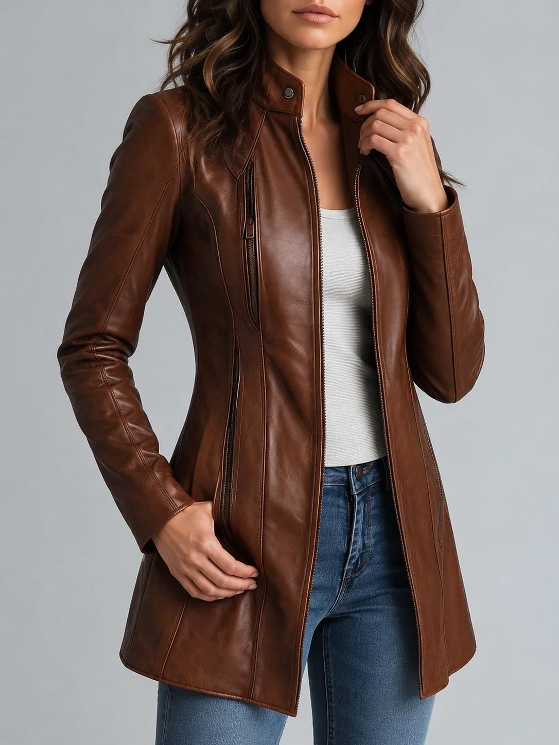 Women's Stand Collar Vintage Faux Leather Jacket