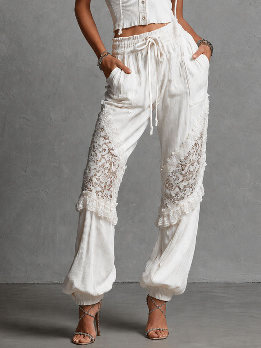 Boho Chic White Lace Panel Knite Hooded Top & Drawstring Pants Set