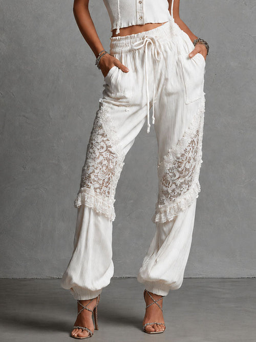 Boho Chic White Lace Panel Knite Hooded Top & Drawstring Pants Set