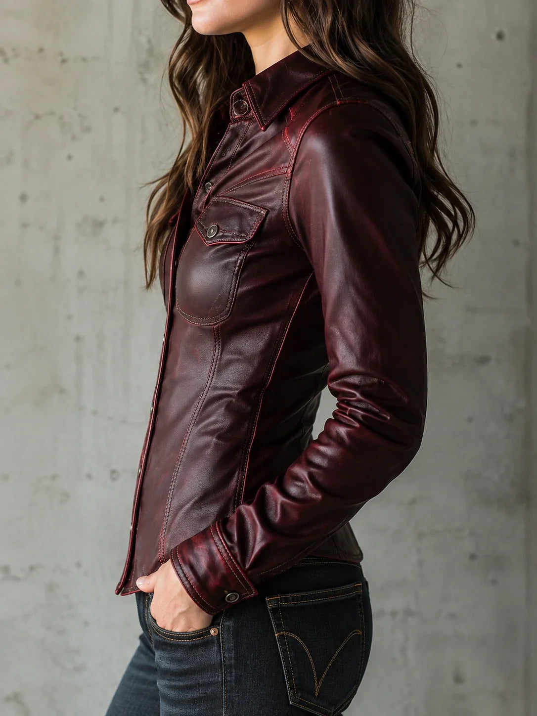 Burgundy Eco Leather Western-Fit Shirt Jacket