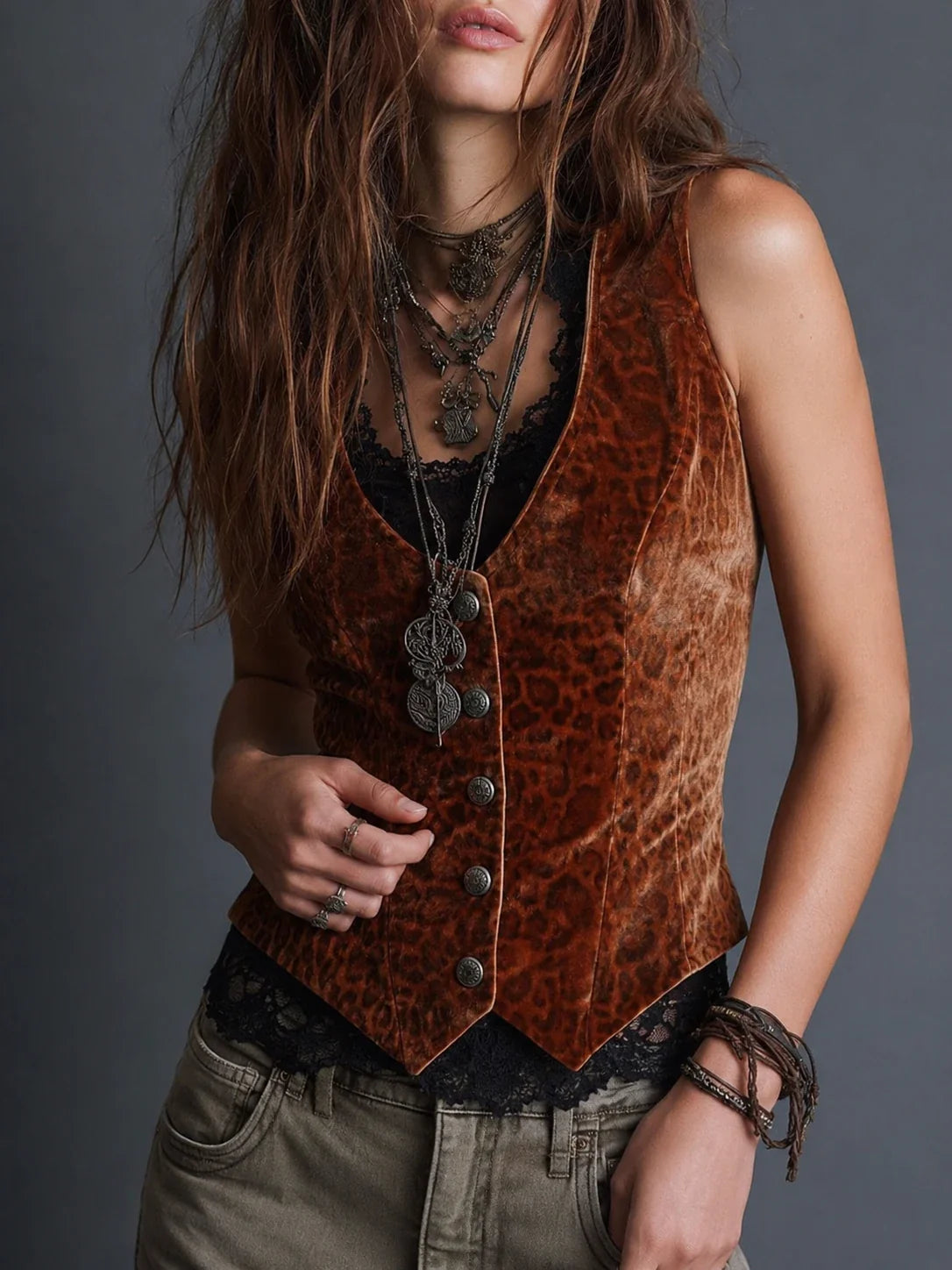 Caramel Velvet Leopard Lace Button Vest