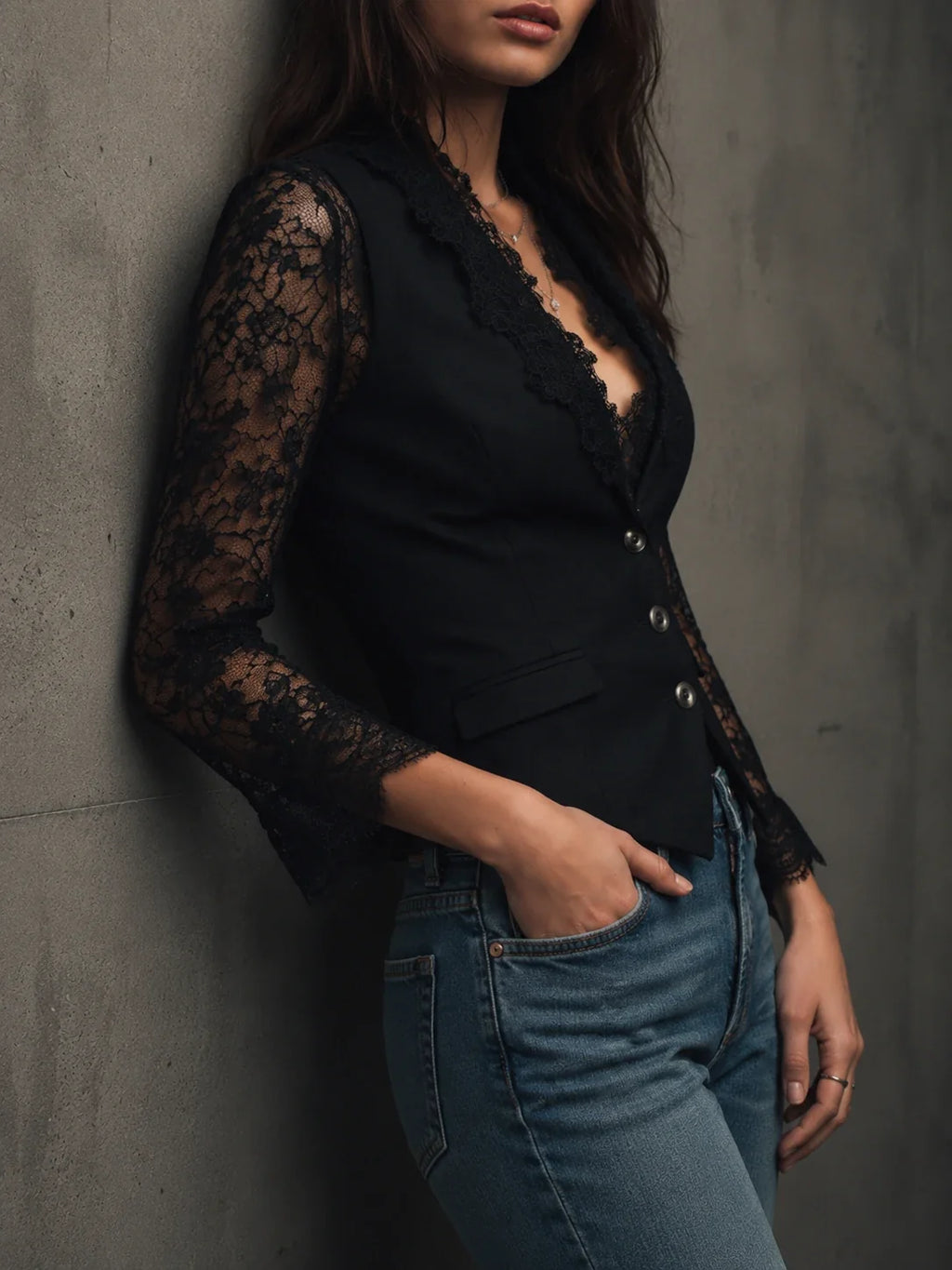 Elegant Black Lace Panel Sleeve Blazer Top Vest