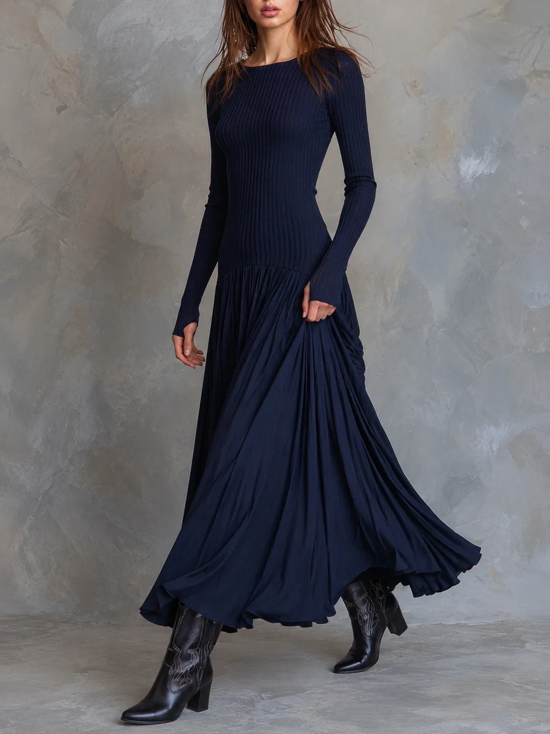 Ribbed Knit And Pleated Chiffon Midi Dress