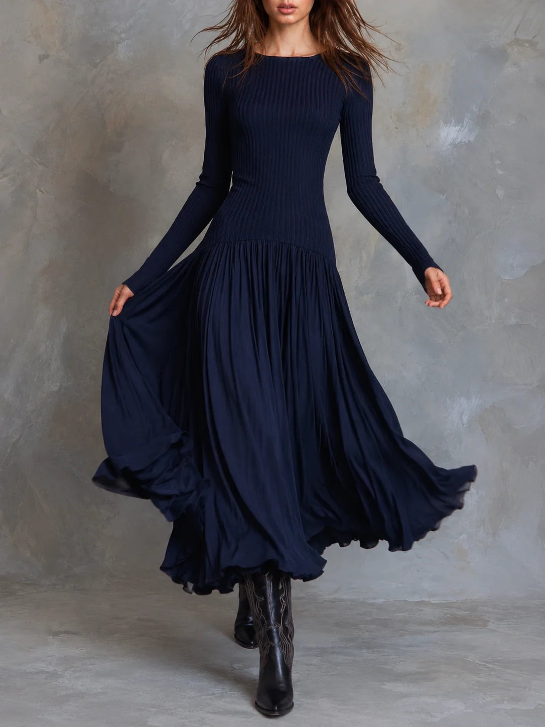 Ribbed Knit And Pleated Chiffon Midi Dress