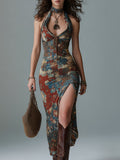 Nomadic Style Oil Painting Print Slit Midi Dress